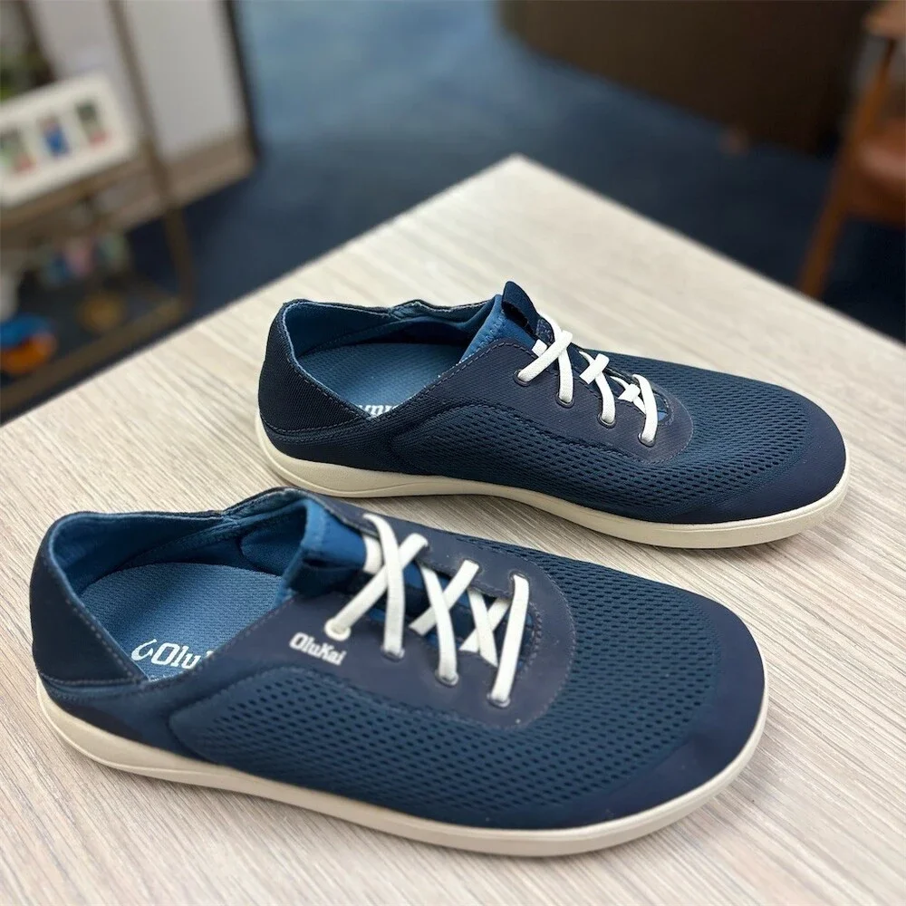 OluKai Moku Pae Men's Lace-Up Boat Shoes Trench Blue/Off White Size 10.5